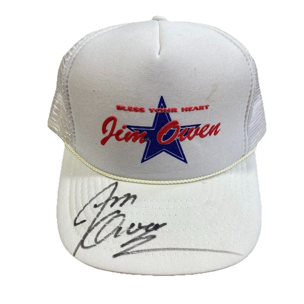 Jim Owen Hat Mens White Trucker Cap Autographed Country Singer Music Mesh
